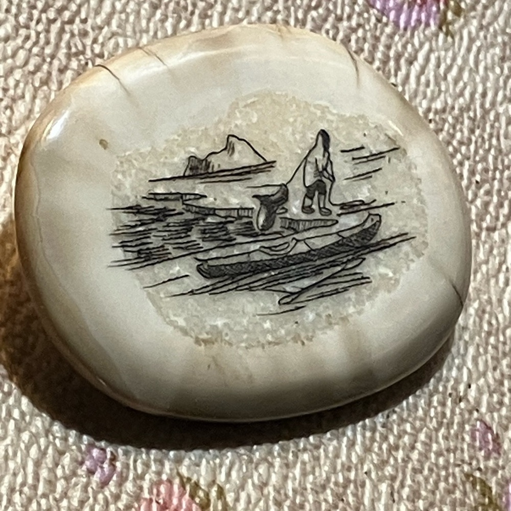 Antique Handcrafted scrimshaw pin-brooch fisherman with boat scene.